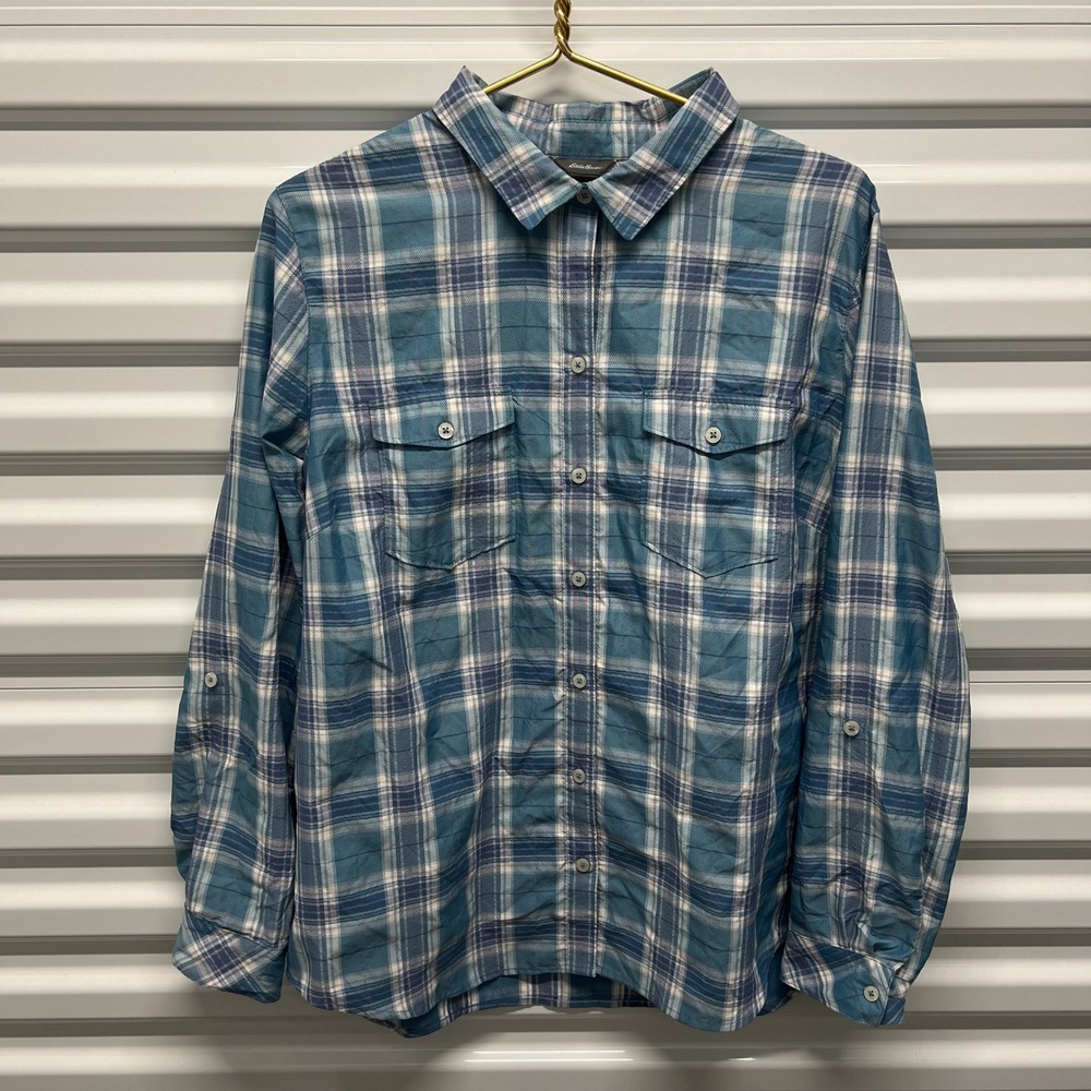 Eddie Bauer Womens‎ XL Shirt Blue Plaid Polyester Nylon Hiking Roll Tab Sleeve